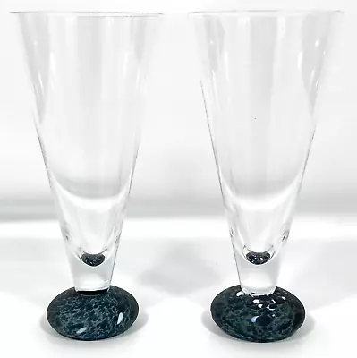 Buy Set 2 Blown Art Glass Champagne Flutes Swirl Confetti Black White Ball Foot Base • 57.53£