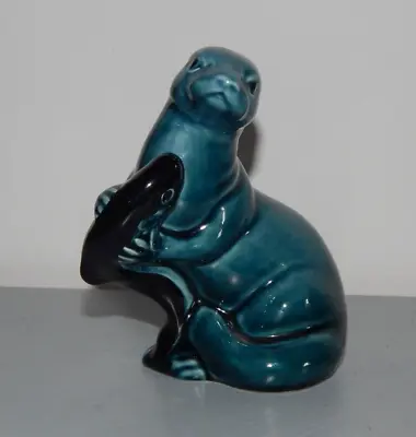 Buy POOLE POTTERY BLUE & BLACK  GLAZED OTTER With FISH 5in TALL • 15£