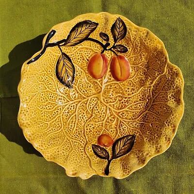 Buy Shorter & Son Majolica Cabbage Leaf Dish. Golden Yellow With Plums • 12£