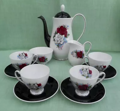 Buy Vintage Queen Anne Bone China 11 Piece Coffee Set -  Duet  & Black Accents • 24.99£