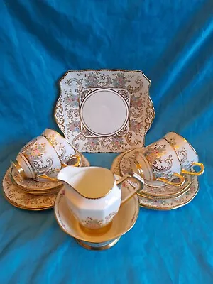 Buy Tuscan Tea Set  Pink Flowers Scroll Gilt 4 Cups Saucers Tea Plates Cake 15 Pcs • 99.99£