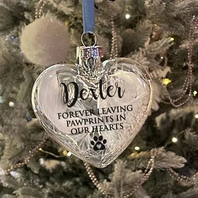 Buy Personalised Pet Memorial Feather Christmas Heart Glass Bauble • 10.50£