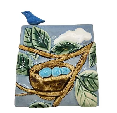 Buy Karen Howell Studio Art Pottery Signed Trivet Tile Plaque Blue Bird Eggs In Nest • 56.91£