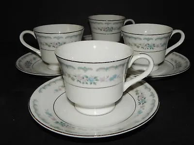Buy 4 Rose China Cups And Saucers Rose Villa Pattern 3912 Japan Silver Rim Pink Blue • 33.77£