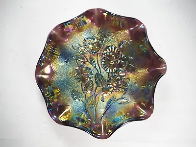 Buy Vintage Imperial Carnival Glass Bowl Iridescent - Scalloped Rim & Poppies • 29.99£