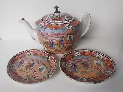 Buy 19th C English Chinese Famille Rose Teapot And 2 Oval Stands • 50£