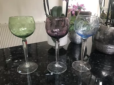 Buy Bohemia Crystal Hock Wine Glasses  X 3 Purple Blue Green Flower Etched Ex.Con • 45£