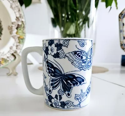 Buy Vintage Chinese Delftware White On Blue Mid Century Elegant Butterflies Mug • 18.50£
