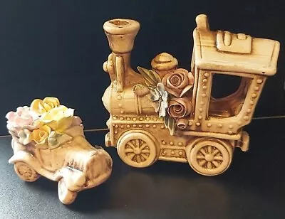 Buy Vintage Pair Capodimonte Porcelain Crude Car & Train Figurines With Flowers • 15£