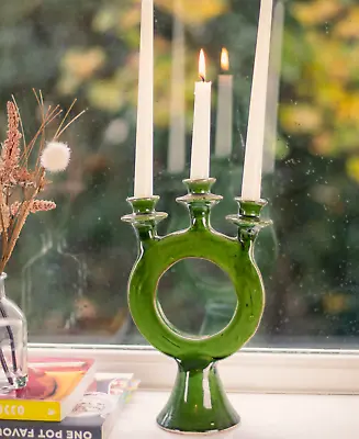 Buy Tamegroute Shaded Green Candlestick Holder - Ceramic Glazed Pottery Candleholder • 74£