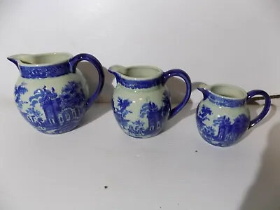 Buy 3 Victoria Ware Ironstone Flow Blue Style Pitchers Town Scene Estate Find  • 23.66£