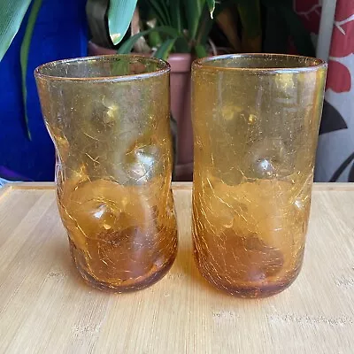 Buy Blenko 16 Oz. Drinking Glasses Crackle Dimpled Pinched Honey Amber MCM Set Of 2 • 42.52£