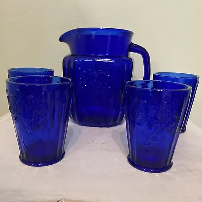 Buy Vintage Cobalt Blue Pitcher & 4 Matching 4 Oz Glasses W/ Sunflower Design • 28.45£