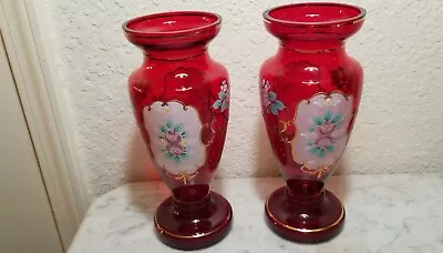 Buy (2)Vintage Bohemian Czech Ruby Glass Vases Enamel Painted Gold Trim 9 5/8  EUC • 28.55£