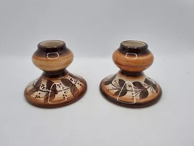 Buy 2 Vintage Jersey Pottery Candle Holders Handmade Handpainted Brown With Flowers • 12.99£