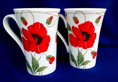 Buy Roy Kirkham Fine Bone China ~   Bianca   Red Poppies  Pair Of Latte Style Mugs • 11.99£