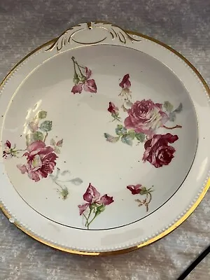 Buy Large Shallow Serving Bowl Sevres. Pink Roses. Gold Rim. Closed Handle On One • 4.75£