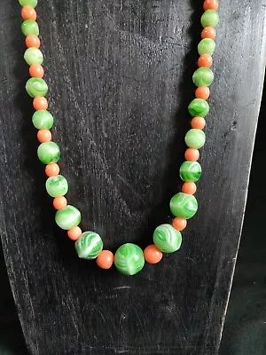 Buy Antique Art Deco Necklace Czech Graduated Green Marble Glass Beads  • 40£