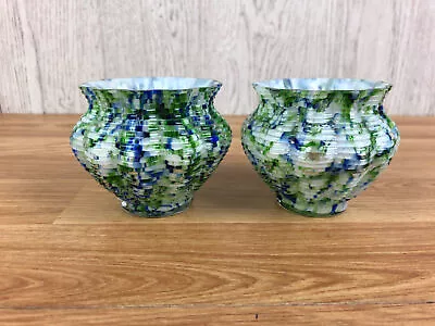 Buy Pair Of White Green And Blue Glass Tealight Holders With Ruffled Edges 2.5  Tall • 22.99£