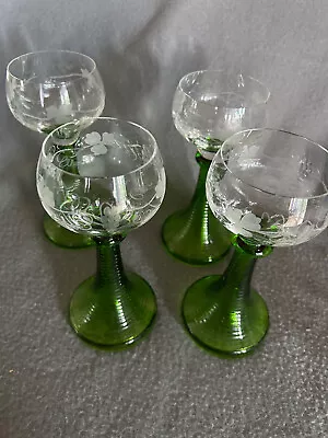Buy Bohemian Wine Glass Lot Of 4 Vintage Emerald Green Hollow Stemware German • 57.62£