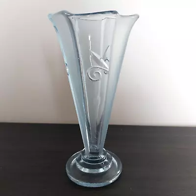 Buy Flower Vase Blue Glass Frosted & Clear Footed 19.5cm Vintage Cut Pattern • 11.95£