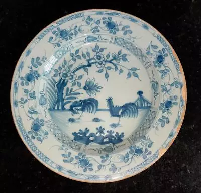 Buy Rare 18th C Beautiful English Liverpool 'Two Cockerels' Delft Plate C 1745+ • 129.99£