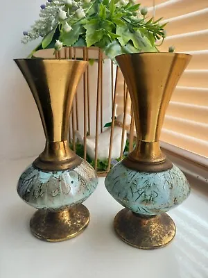 Buy 2 Handpainted Delftware Brass Accent Vase Turquoise Green Made In Portugal  • 19.99£