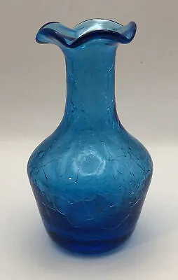 Buy VTG Blue Hand Blown Crackle Glass Vase Fluted Top 4.5 ” Tall • 14.08£