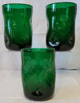 Buy Vintage 3pc Set~Biscoff/Blenko Dimpled/Crackled Emerald Green Glasses/Tumblers • 36.99£