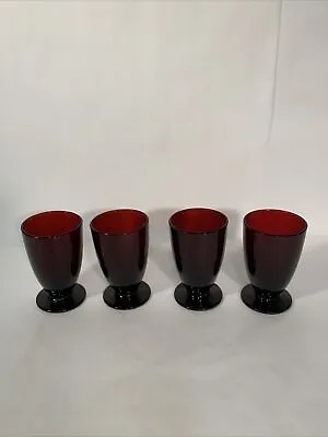 Buy Vintage MCM Royal Ruby Red Anchor Hocking Footed Water Wine Goblets Set Of 4 • 23.05£