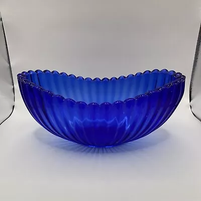 Buy Vintage Cobalt Blue Pressed Glass Ribbed Mantle Vase Dish 10” Long Frilled Edge • 10£