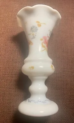 Buy Vintage Fluted White Opaque Milk Glass Pedestal Footed Vase Hand Painted Flowers • 22£