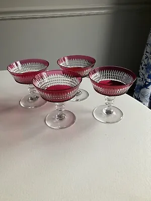 Buy Set 4 Cranberry Cut To Clear Crystal Bell Tone Champagne Coupe Stems Goblets • 283.42£