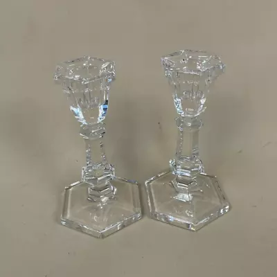 Buy Antique Matching Pair Of Glass Candlestick Candle Stick Column Clear Hexagon • 45£