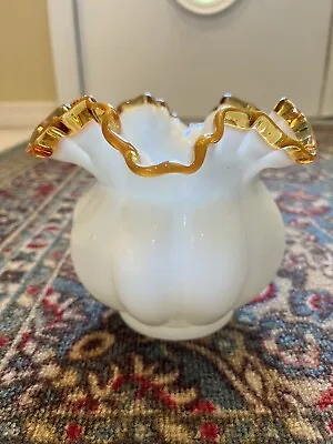 Buy Fenton Milk Glass Amber Gold Crest 6  Double Crimped Melon Vase • 21.10£