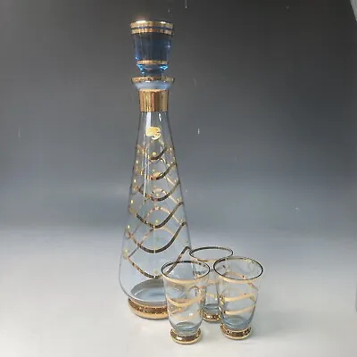 Buy 1950’s Art Deco Style Bohemian Czech Blue  & Gold Glass Decanter Set 3 Glasses • 39.95£