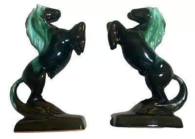 Buy Pair Of Vintage 1970s Blue Mountain Pottery Horse Figurines Statues Green Black • 20£