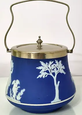 Buy Vintage Wedgewood Dark Blue Jasperware Tea Caddy Silver Plated Handle & Lid. • 24.95£