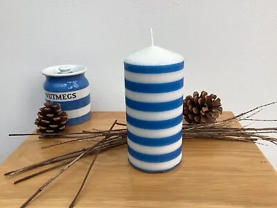 Buy Cornishware Inspired Blue Stripes Inspired Pillar Candle With Wrap And Bow • 8.95£