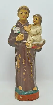 Buy Antique Terracotta Saint Anthony Jesus Figurine Original Old Painted Clay Statue • 70.60£