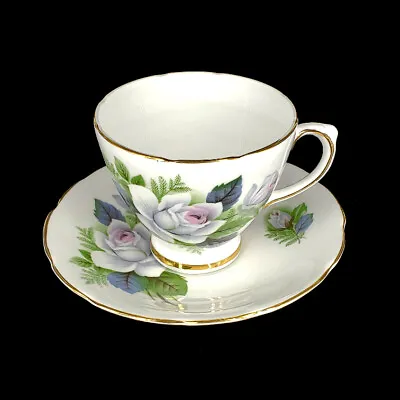 Buy Sutherland Staffordshire Fine Bone China Tea Cup & Saucer White Roses C.1960's • 23.66£