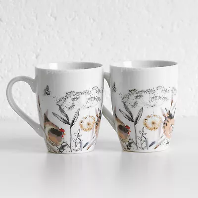 Buy Set Of 2 Off-White Country Hens Mugs 11oz Porcelain Floral Tea Coffee Latte Cups • 13£