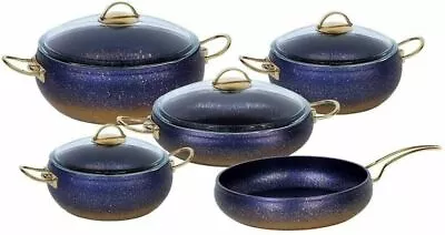 Buy OMS Belly Shape Granite Cookware Set Glass Lid Casserole Pan Pot Kitchen - Blue • 140.99£