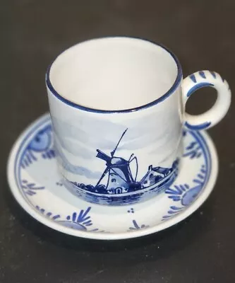 Buy Vintage Hand Painted Blue Delft Windmill Flower Demitasse Cup Saucer Set • 9.60£