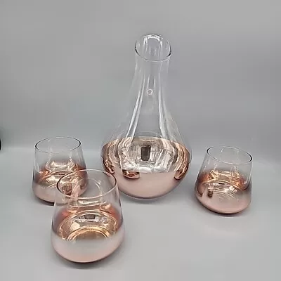 Buy Mid Century Modern Decanter Carafe Set 4 Piece Pink  1 Decanter 3 Glasses Round • 24.45£