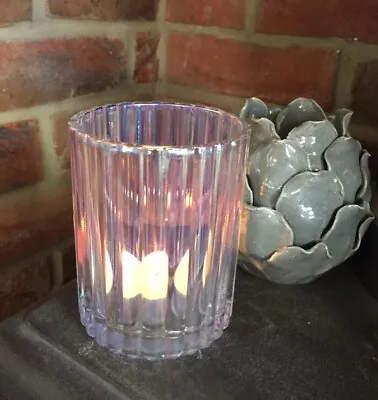 Buy 2x Pretty Pink Lustre Tall Ribbed Glass Tea Light Candle Holder • 6.99£