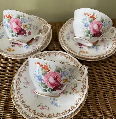 Buy Set Of 3 Vintage Crown Staffordshire England's Bouquet Trios - Cup Saucer Plates • 14.99£