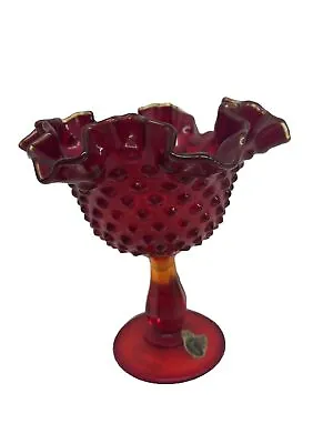 Buy Fenton Red Ruffled Scalloped Hobnail Pedestal Vase Dish Compote/Candy Dish • 19.25£