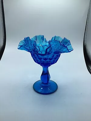 Buy Vintage Fenton Art Glass Thumbprint Ruffled Pedestal Dish Colonial Blue • 18.96£