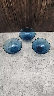 Buy Vintage Hand Blown Crackle Glass Bowls Deep Ocean Blue Set Of 3 • 25.70£